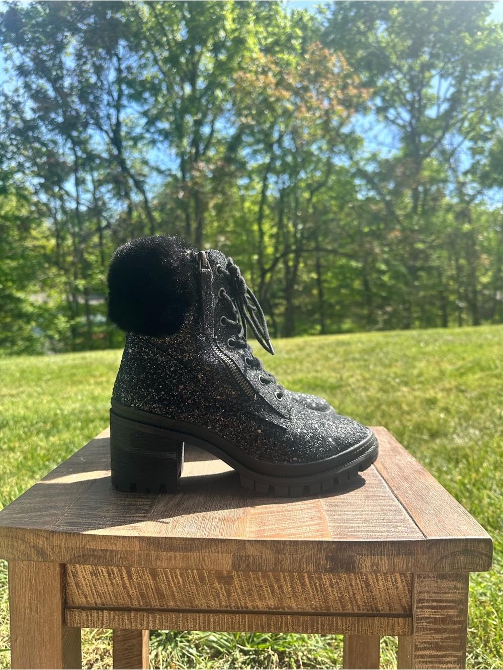 Very G Black Glitter Lace-Up Ankle Boots with Fur Trim